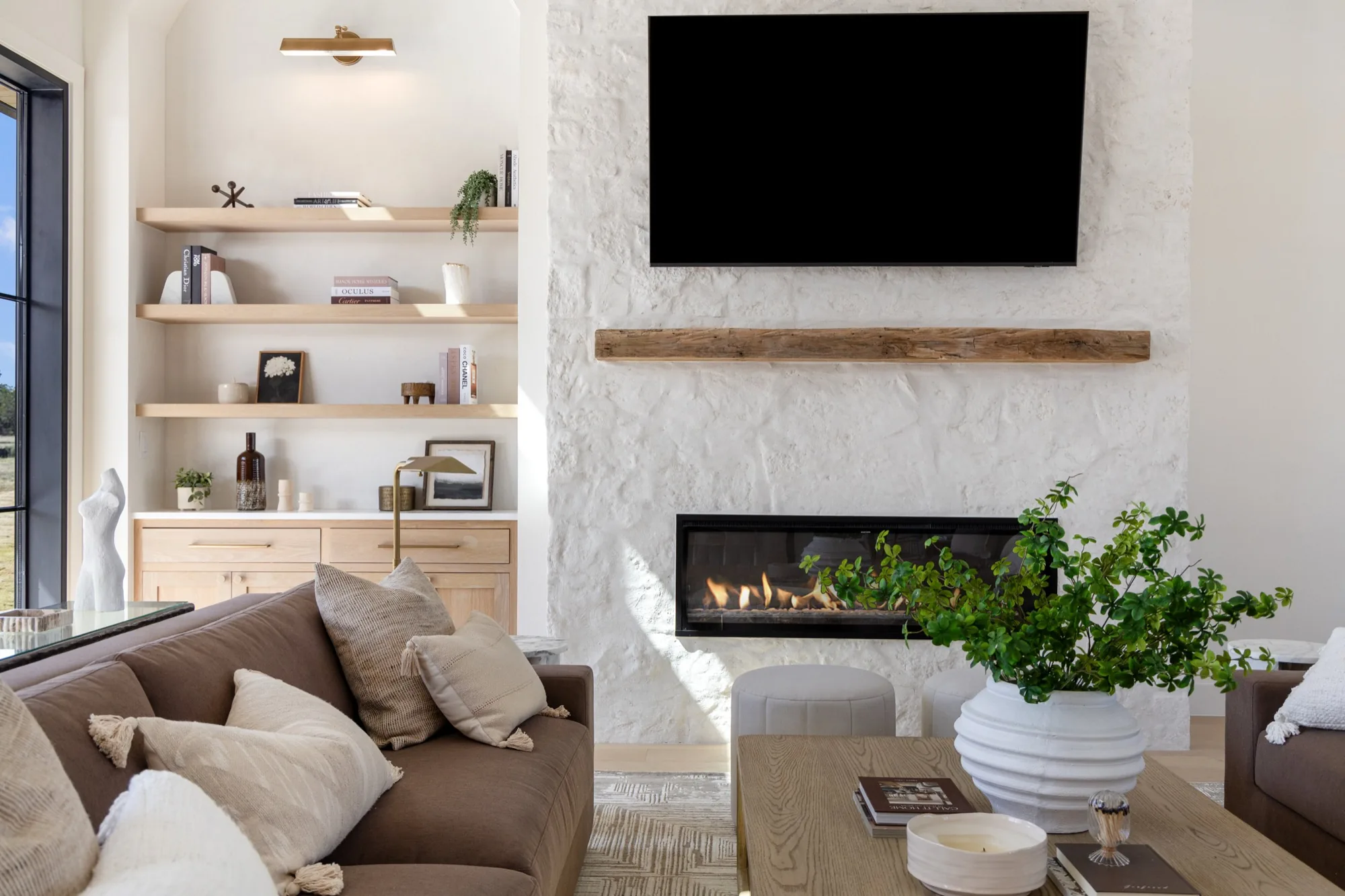 Limestone fireplace and warm interior texture