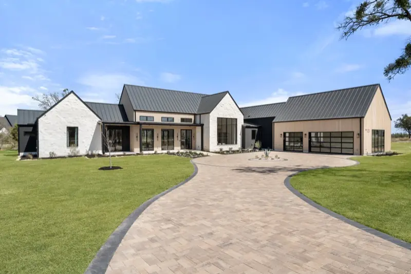 White stone farmhouse, front elevation