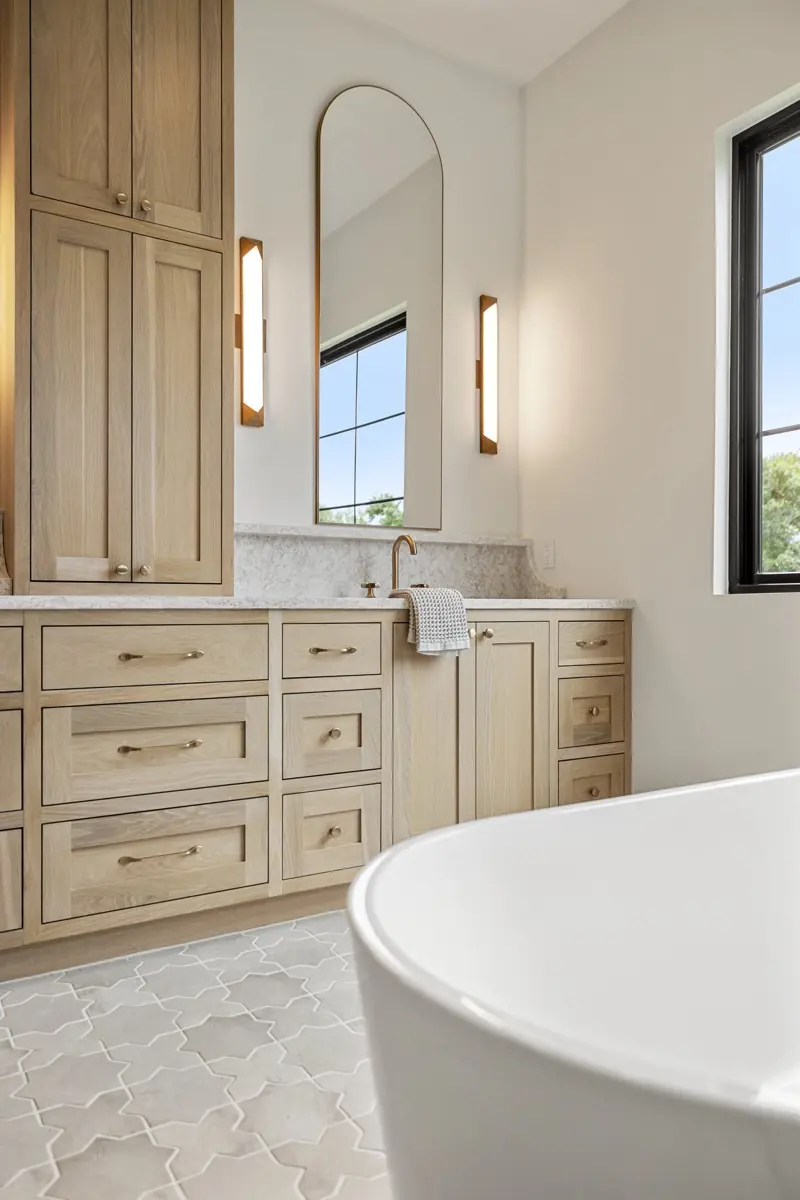 Primary bath, white oak vanity and soaking tub