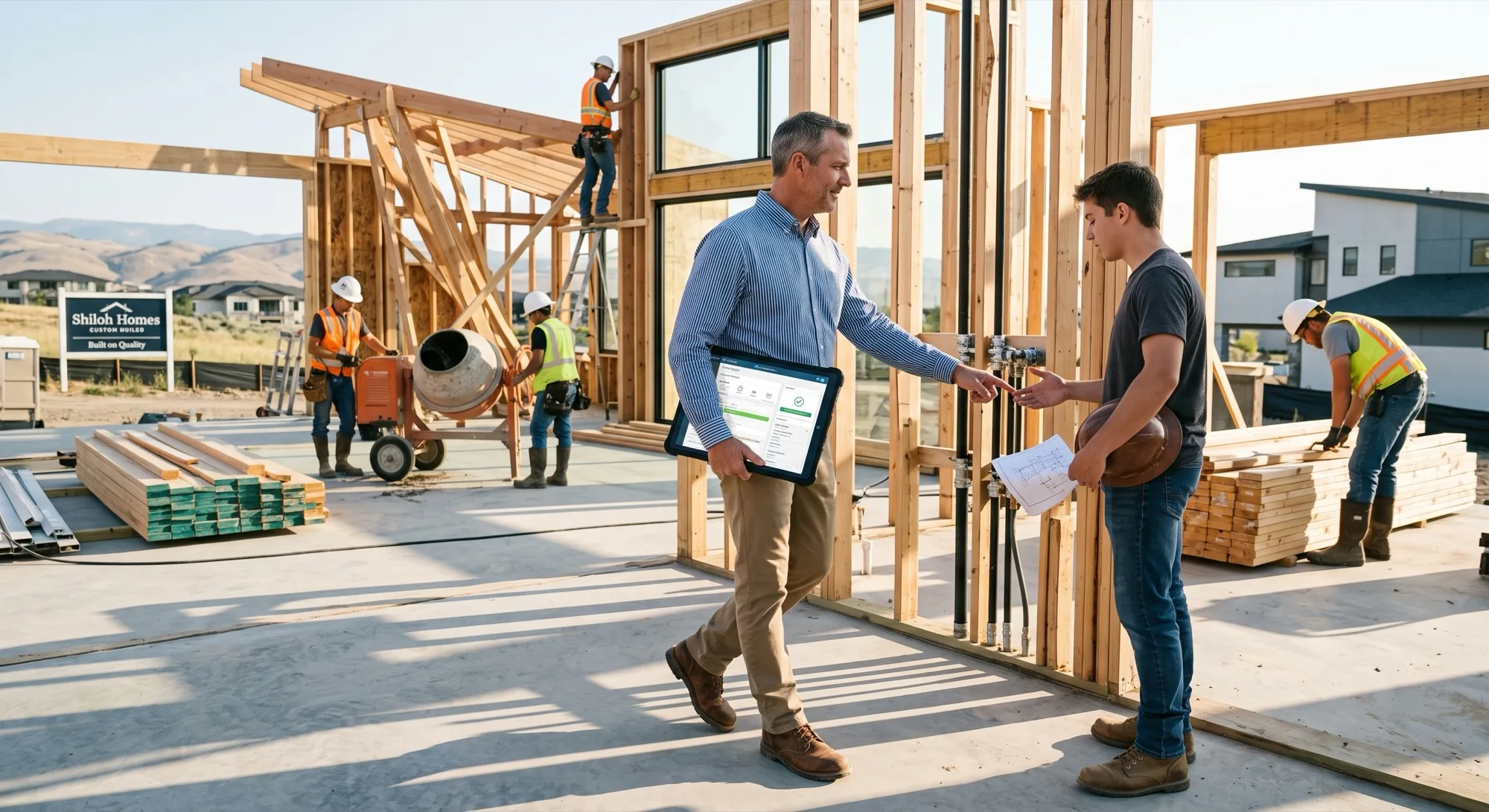 Shiloh Homes crew framing a build, plans and project portal in hand