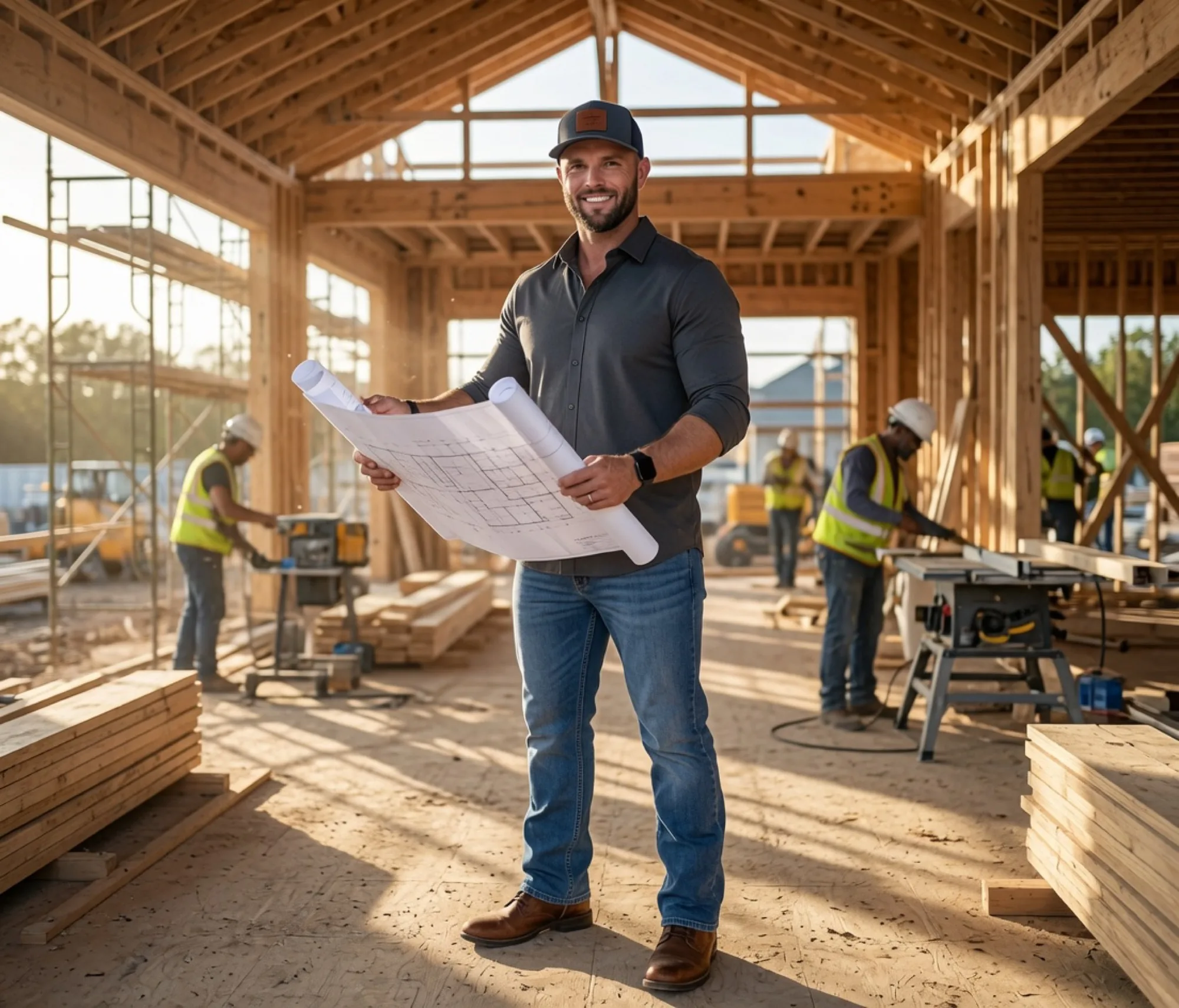 Taylor Shipp reviewing plans on a jobsite